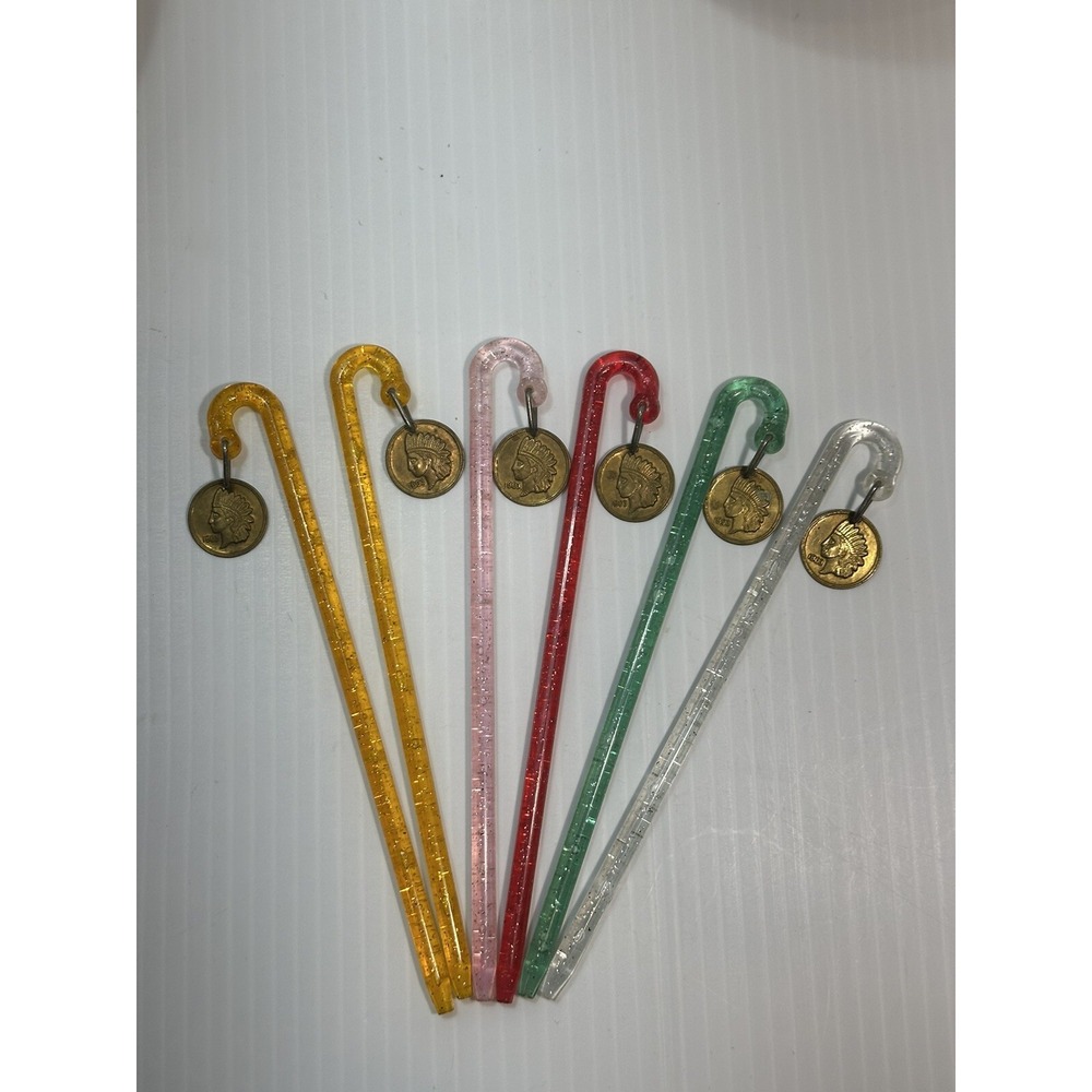 VTG Indianhead Penny Swizzle‎ Stick Drink Garnish Glitter Candy Cain Barware Bar
